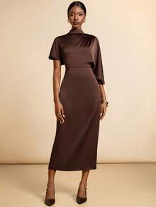 SHEIN Veneréa Women's Asymmetrical High Neck Satin Dress, Black - Chocolate Brown - View 4