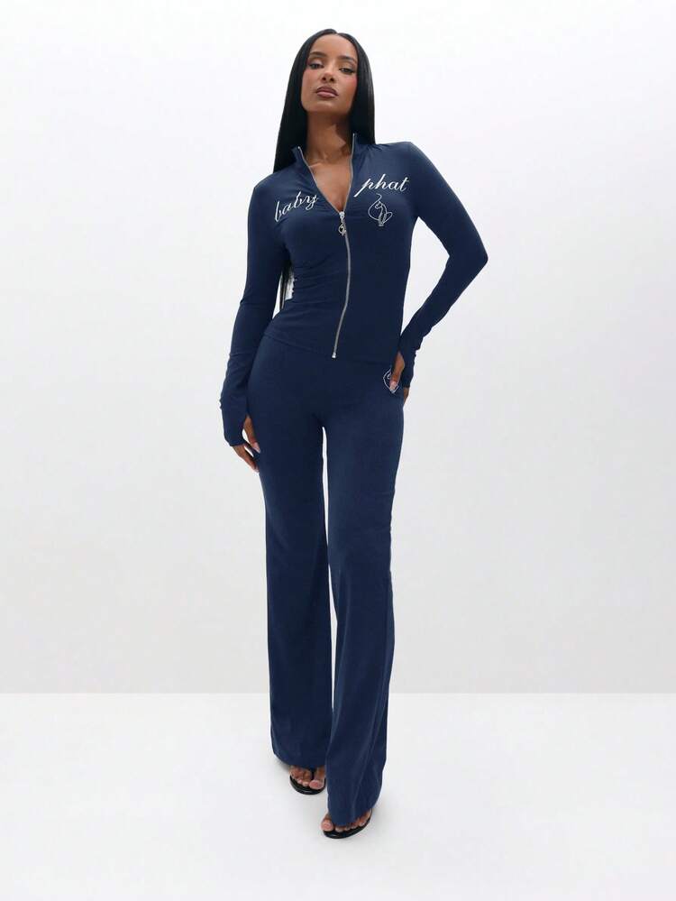 BABYPHAT Long Sleeve Zip Up Top With Script Logo And Flare Leg Silhouette For Casual Street Style