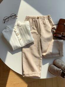 SHEIN 两件套男童休闲度假百搭衬衫和松紧腰条纹裤套装，适合生日派对、锐舞派对、晚宴、演出、婚礼、迎婴派对、洗礼、一周岁生日庆祝、婚礼宾客、迎婴派对洗礼服装 - 彩色 - 查看 7