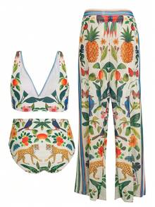 Swim Oasis Plus Size Women 3 PiecesTropical Print Tankini Swimwear Set With Long Pants - Multicolor - View 3