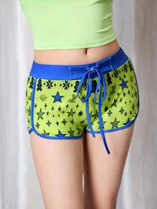 Y2Kool Maria Clara Maia Quần short thể thao phong cách Y2K phối màu xanh neon và xanh dương tương phản, họa tiết người bánh gừng, bông tuyết, ngôi sao, thích hợp cho nữ dự tiệc mùa thu/đông, các ngày lễ, Giáng sinh, mặc hàng ngày, sinh nhật, lễ hội. - màu xanh lá - Xem 2