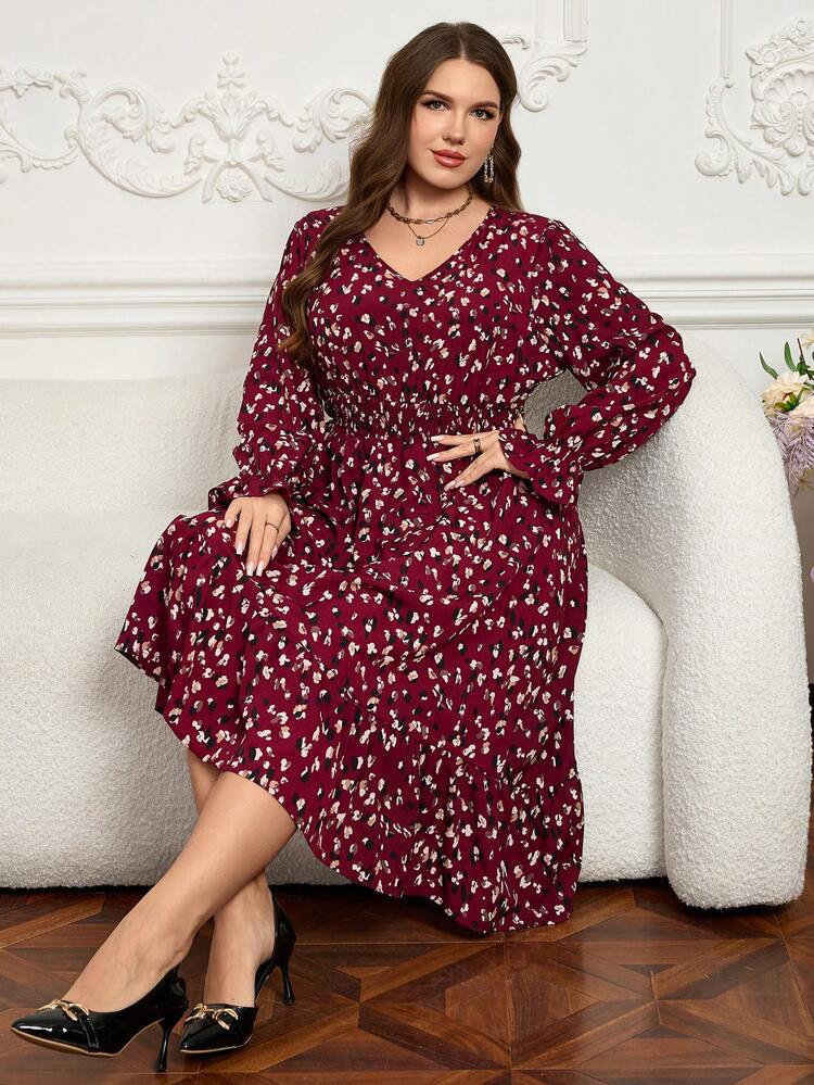 Plus Size Women's Casual Vacation Style Allover Print Shirred Ruffle Sleeve Cinched Waist Dress, Spring/Autumn Winter Clothes For Women Winter Clothes For Women Winter Dress  Casual Dress For Women  Floral Dress  New Year Dress Women's New Year's Eve Dresses Christmas Party Dress Valentine's Day Ditsy Floral Dress Plus Size Floral Dress Valentine's Day