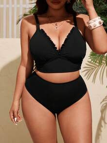 Swim Vcay Bộ đồ bơi Tankini 2 mảnh màu đen trơn có gân thời trang đi nghỉ & thường ngày tối giản có dây rút xếp nếp dây dày có thể điều chỉnh cỡ lớn dành cho nữ - màu đen - Xem 5