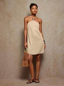 Travachic Đầm cổ yếm đính hạt thời trang cho kỳ nghỉ của phụ nữ, màu nâu, trang phục mùa thu cho phụ nữ, phong cách Bohemia, trang phục mùa thu cho phụ nữ, thời trang mùa thu mới cho phụ nữ - Màu be - Xem 3