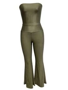 SHEIN Ensemble casual mode femme Top bandeau et pantalon évasé - Gris pâle - Voir 1