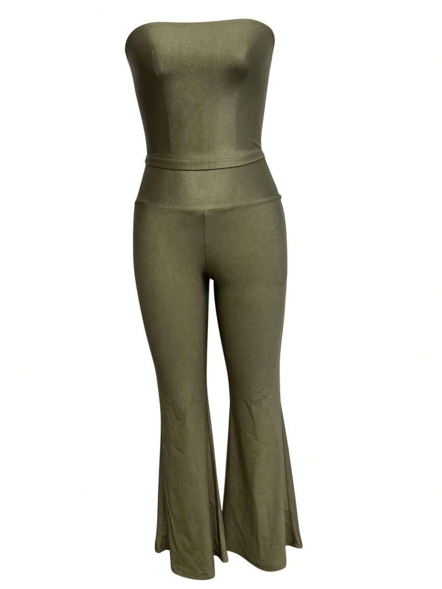 SHEIN Ensemble casual mode femme Top bandeau et pantalon évasé - Gris pâle - Voir 1