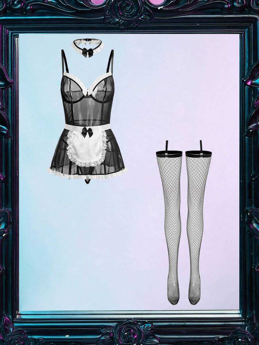 Fantasy Costume Bộ trang phục 6 chiếc áo hai dây có gọng trang trí nơ cho nữ - Đen và trắng - Xem 1