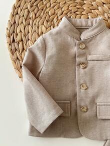 Ensemble chemise à manches longues et pantalon à taille élastique casual et mignon pour bébé garçon, couleur abricot - Kaki - Voir 3