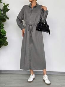 EMERY ROSE Casual Drawstring Long Zipper Waist Cinched Lightweight Jacket, Autumn/Winter - Grey - View 5