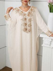 Al Najma Elegant & Romantic V-Neck Batwing Dress, Spring/Summer Kaftan Jalabiya Dress - Apricot - View 4