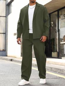 Manfinity Homme 大码男士纯色翻领插肩袖休闲夹克和裤子套装，秋季服装，舒适服装