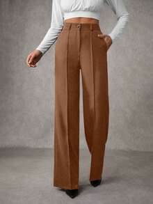 Women's Solid Pleated Seam Detailed Suit Pants - Chocolate Brown - View 1