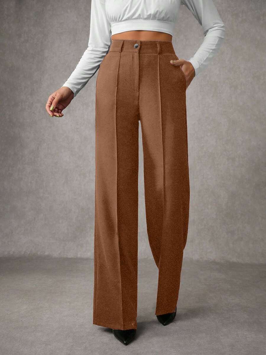 Women's Solid Pleated Seam Detailed Suit Pants - Chocolate Brown - View 1