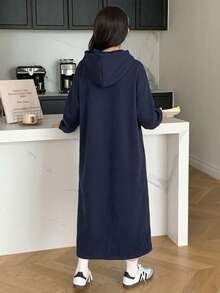 少女纯色藏蓝色英文印花连帽宽松长袖针织连衣裙 - 藏蓝色 - 查看 2