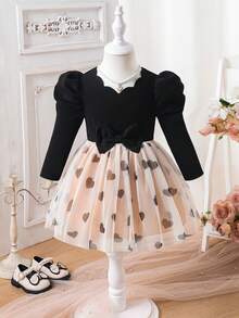 SHEIN Baby Girls' Long Sleeve Ruffle Lamb Dress With Bow & Heart Mesh, Suitable For Daily Gatherings, Elegant And Cute Outfit - Multicolor - View 3