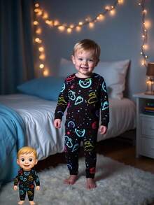 2pcs Infant/Toddler Boys' Apricot Minimalist Basketball Graphic Print Long Sleeve Top And Leggings Pajama Set Toddler Glow In The Dark Pjs Snug Fit - Grey - View 3