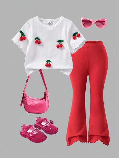 2pcs/Set Young Girls Fashion 3D Round Neck T-Shirt & Flare Pants Outfit