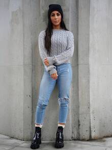 SAYEHFBABY Plain Solid Color Twist Knit Crew Neck Casual Versatile Long Sleeve Pullover Sweater Knit Pullover Fall Winter Outfit - Grey - View 6