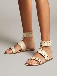 SHUZIA Women's Fashionable Comfortable Metal Studded Ankle Strap Flat Sandals - White - View 2