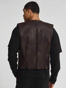 Musero Sleeveless Button Up Waistcoat Jacket Smartwear Washed PU Leather Style SPRING SUMMER Essentials Smart - Brown - View 4