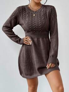 SHEIN LUNE Vestido de punto de cuello redondo de unicolor casual, otoño/invierno - Café integral - Ver 3