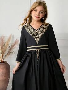 Tween Girls Elegant Party Gold Foil Print Ribbon Dress - Black - View 7