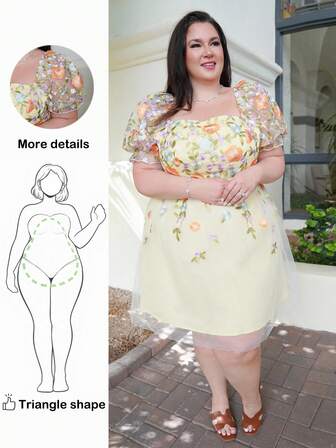 Truni 大码女式黄色网眼刺绣方领泡泡袖 A 字迷你连衣裙，度假风，秋夏季