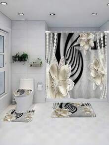 SHEIN 1 件/4 件浴室窗帘淋浴套装，花卉和仿珍珠图案浴帘，浴室装饰，浴室地毯，家居装饰，浴室垫，经典奢华风格浴室套装，配有 12 个挂钩夏季浴室配件返校 - 彩色 - 查看 4