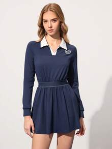 CourtClass 2pcs/Set Casual Versatile Printed Contrast Color Elastic Waist Slimming Leggings & Sports Dress Tennis Dress Long Sleeve Sports Dress With Pockets Navy Tennis Dress - Multicolor - View 5