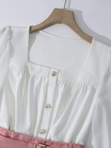 GlowEve 女士优雅纯色方领长袖衬衫和半裙两件套，春秋季 - 粉色 - 查看 4