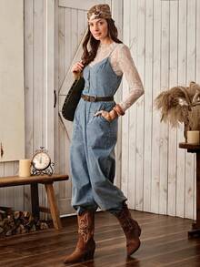 Wildy BOHO Women's Casual Country Style Jumpsuit With Pockets, Versatile For Daily Wear, All Seasons - Blue - View 7