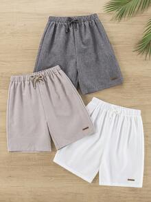 SHEIN 3pcs/Set Kids/Tween Boys' White,Summmer,Casual Comfortable Patch Decor Straight Loose Linen Short Sets,Everyday Light Grey Summer Pants For Boys - Multicolor - View 4