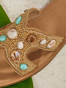 SHUZIA #BohoGlam Women's Shell & Gem Embellished Champagne Slide Sandals – Vacation Ready, Beach Ready & Effortlessly Luxe. - Champagne - View 7