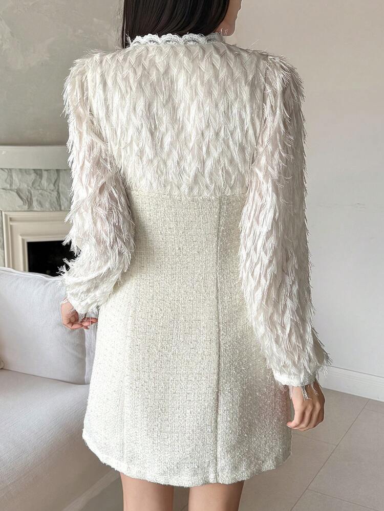 Women's Elegant Patchwork Textured V-Neck Puff Sleeve Mini Dress, Autumn