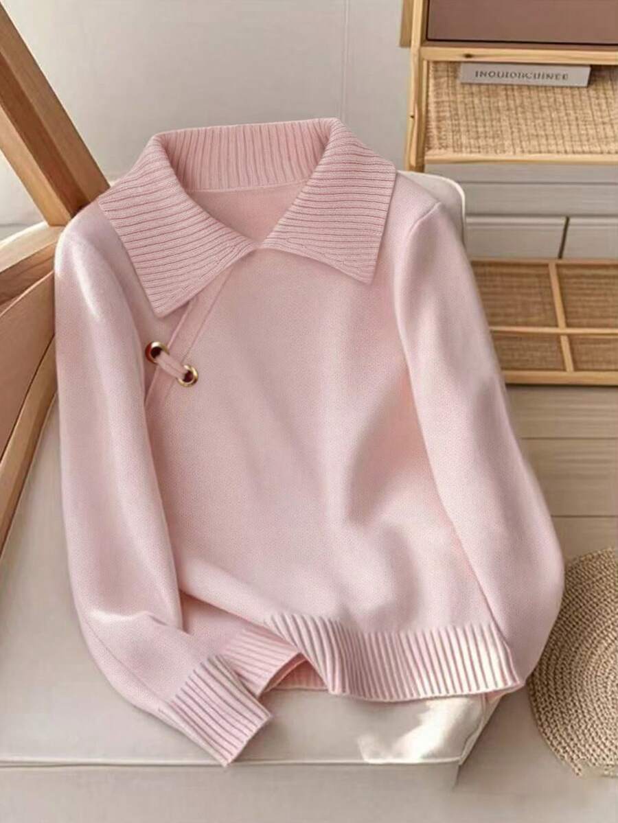 GlowEve Áo len nữ cổ bẻ cài khuy kim loại bên hông thời trang đa năng - Màu Hồng baby - Xem 1
