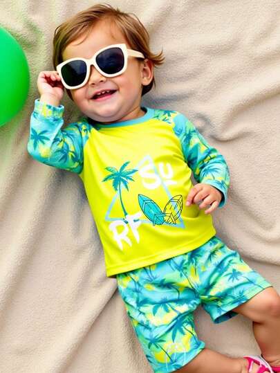 Conjunto de 2 piezas de estilo tropical para bebé niño - Parte superior de manga corta + Pantalones cortos, adecuado para vacaciones y juego en la piscina. Conjunto de traje de baño para niño con protección solar de manga larga, para uso en playa y vacaciones de verano