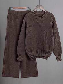 Franclia 2pcs Solid Color Knitted Sweater And Pants Set, Casual & Versatile, Autumn/Winter - Coffee Brown - View 3