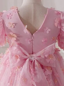 Glamorique Kids 女童3D立体花卉网纱连衣裙，泡泡袖设计