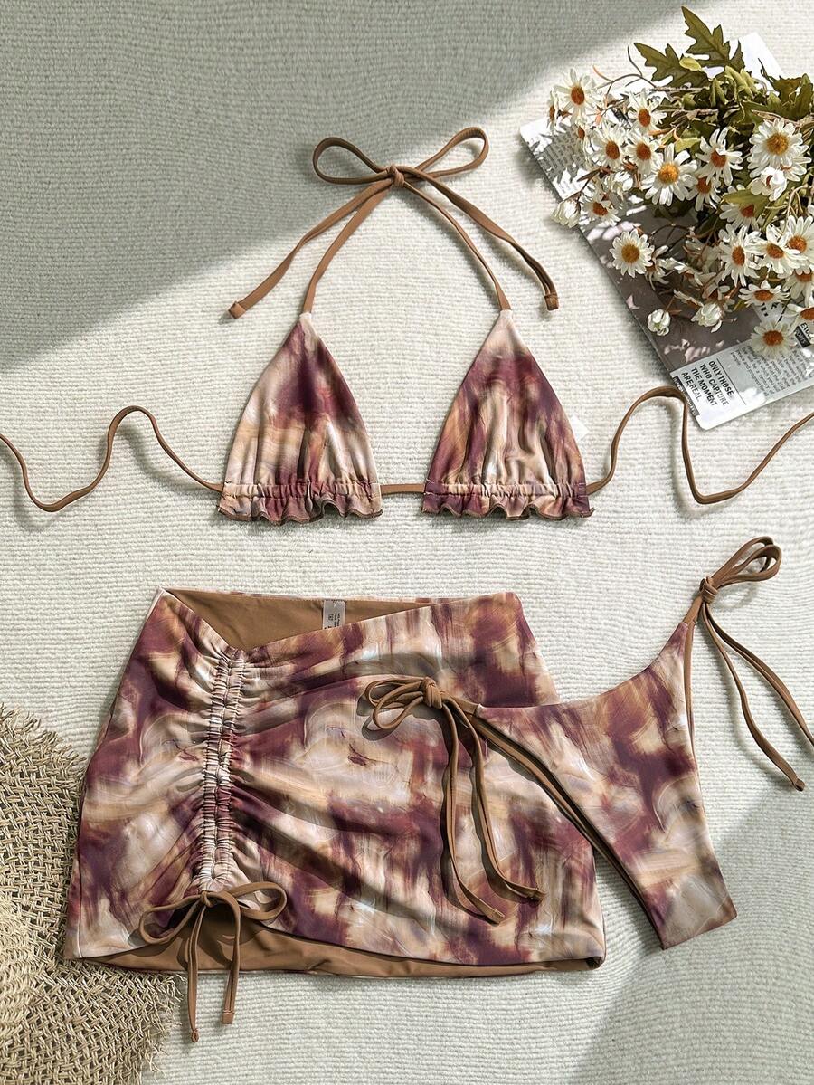Soleia 大码女士扎染印花撞色挂脖抽绳三件套比基尼，沙滩度假 - 彩色 - 查看 1