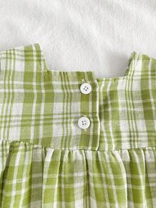 SHEIN Vintaside Kids 女婴夏季绿色格子短袖迷你连衣裙，田园风格，清新图案，轻盈廓形，适合户外、休闲和派对场合。 - 綠色 - 查看 5