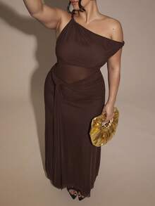 SHEIN BAE Đầm lưới dáng suông bất đối xứng vai xoắn dành cho nữ cỡ lớn đi biển - màu nâu - Xem 5