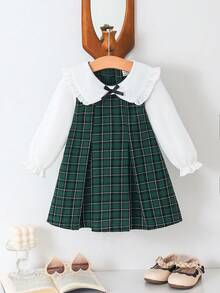 Souflis Souflis 女婴白色布料荷叶边蝴蝶结领泡泡袖连衣裙，搭配绿色格子背带裙，优雅可爱，适合日常、通勤、休闲穿着。 - 彩色 - 查看 4