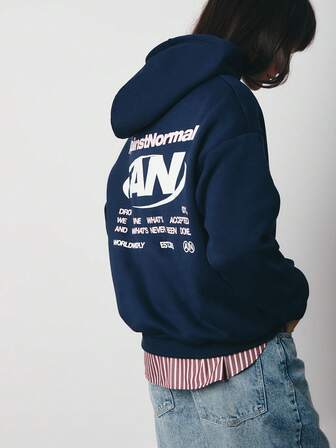 SURIMA Avslappnad minimalistisk marinblå huvad långärmad lös passform tjock tröja för kvinnor, lämplig för höst/vinter