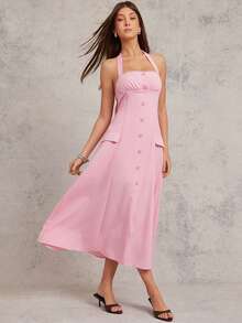 L'Amorae Vestido midi de verano casual con cuello halter, abotonado y ajustado en la cintura para cumpleaños - Rosa - Ver 5
