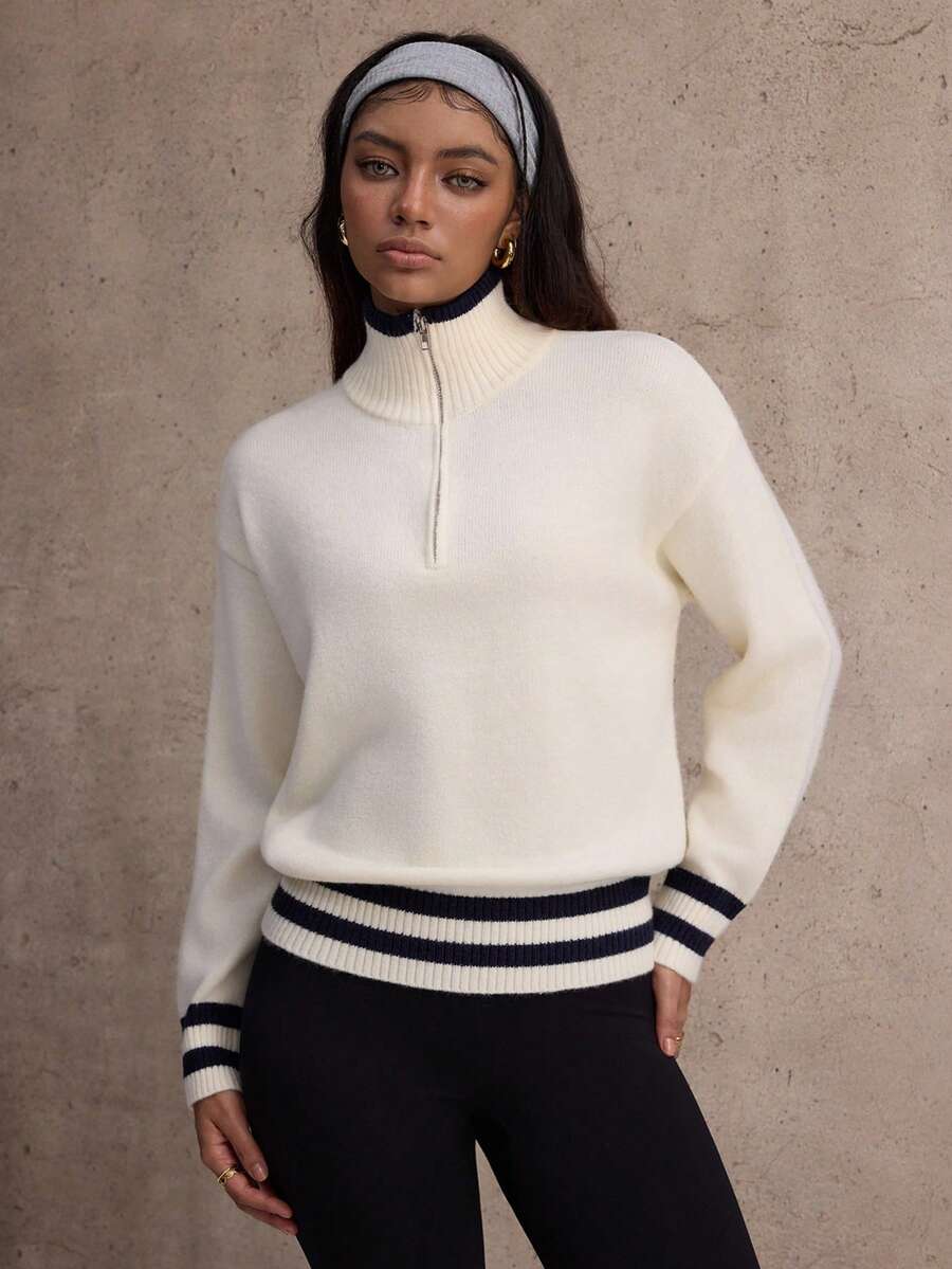 SHEIN Dewbera Women's Turndown Collar Half Zip Front Striped Long Sleeve Casual Autumn/Winter Sweater - White - View 1
