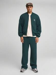 Musero Woven Collarless Zip Through Boxy Oversized Long Sleeve Drop Shoulder PREMIUM Sweater Jacket Embroided Embelem SPRING SUMMER Tracksuit Top Only - Dark Green - View 4