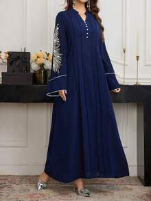 SHEIN Najma Elegant Party Sequin & Beaded Decor Notched Neck Dress - Blue - View 6