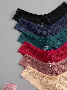 SHEIN Fantasy-Elegant Multicolor Lace Thongs With Plant Pattern And Contrast Trim For Women - Multicolor - View 6