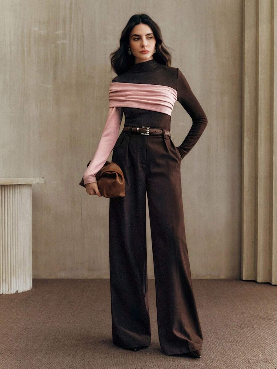 Anewsta Áo thun nữ cổ cao tay dài phối màu thời trang thanh lịch, sành điệu thu/đông - Hồng - Xem 1