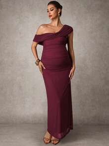 MaterniChic 孕妇纯色不对称领褶皱修身优雅连衣裙 - 酒紅色 - 查看 6